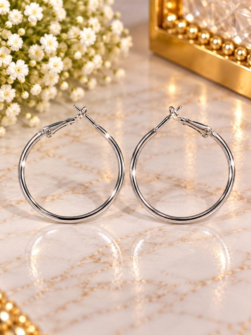 Silver Classic Hoop Earrings Polished Round Hoops - Fashion Women's Jewelry